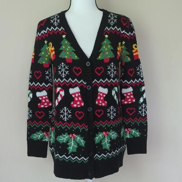 Absolutely Famous Button Up Acrylic Cardigan Christmas Sweater MEDIUM Black Red - Picture 2 of 16